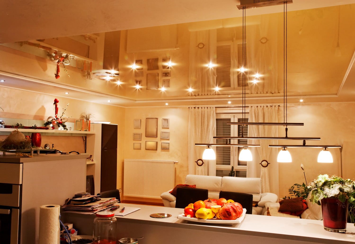 Натяжной Потолок На Кухне Дизайн С Лампами